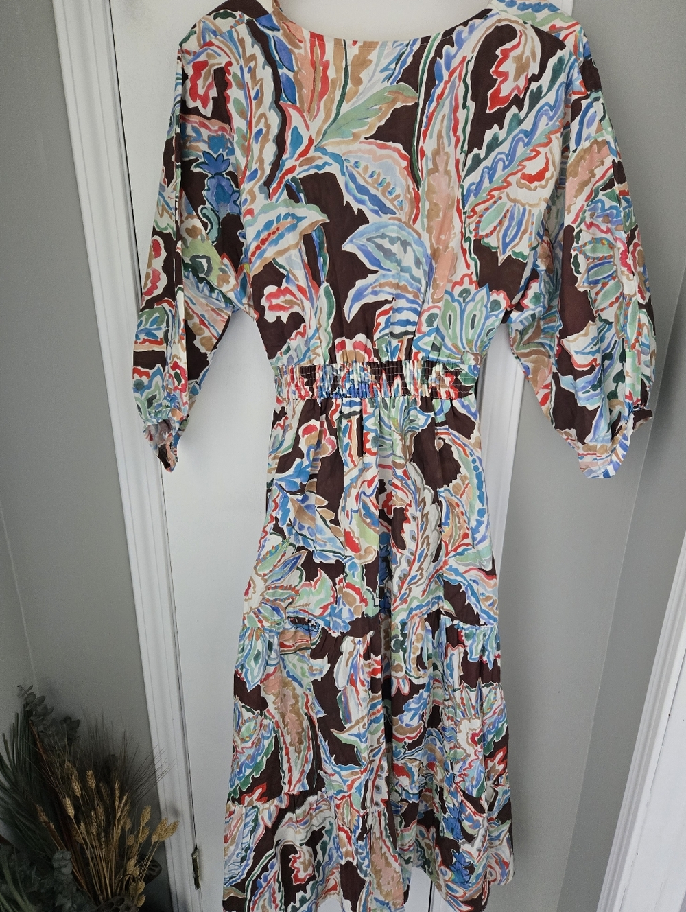 Zara Multicolor Floral Print Cut-Out Flounced Puff Sleeve Poplin Dress Size LG - Picture 11 of 14